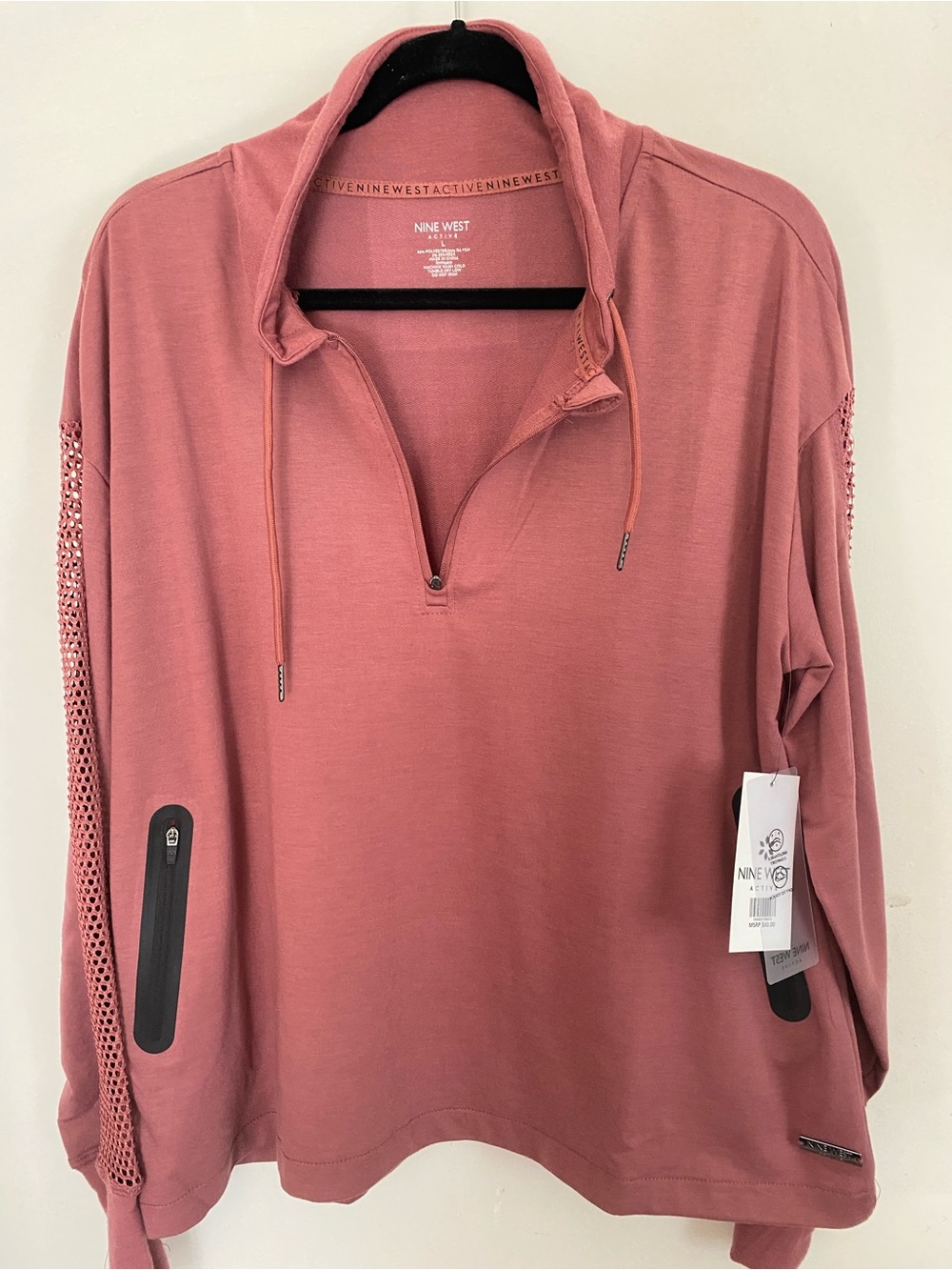 NWT Nine West Rose-Blend Half-Zip Hoodie with Mesh Sleeves